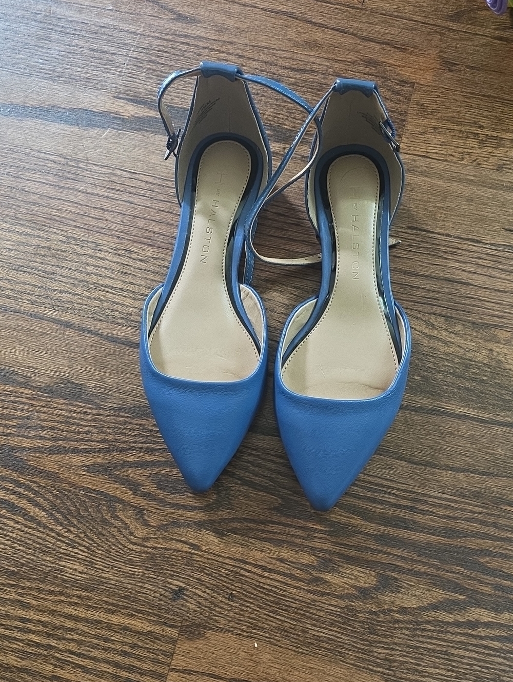 Halston Heritage Blue Pointed-Toe Ankle-Strap Flats